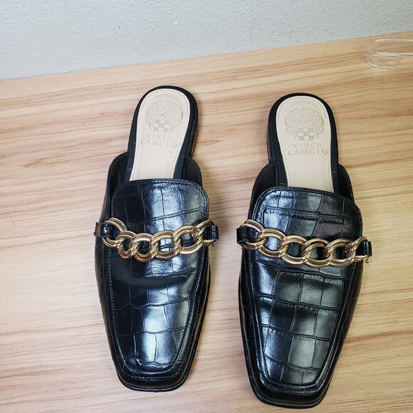 Vince Camuto Women's 8.5 Rachey Chain Link Black Leather Mule Preppy Old Money - Picture 1 of 9